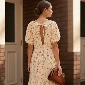 CottageCore Cream Ditsy Floral Puff Sleeve Tiered midi Dress Praire Boho